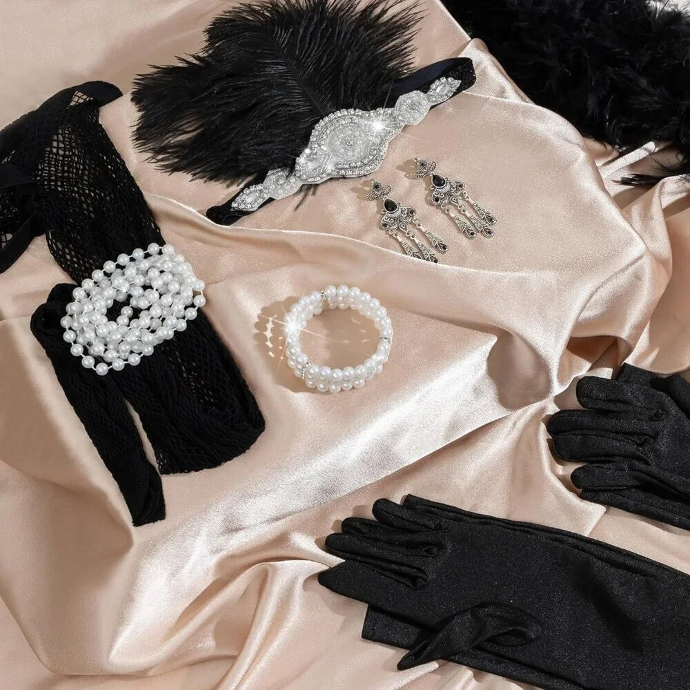 1920s Flapper Accessories Set Womens Costume Headband Gloves Pearl